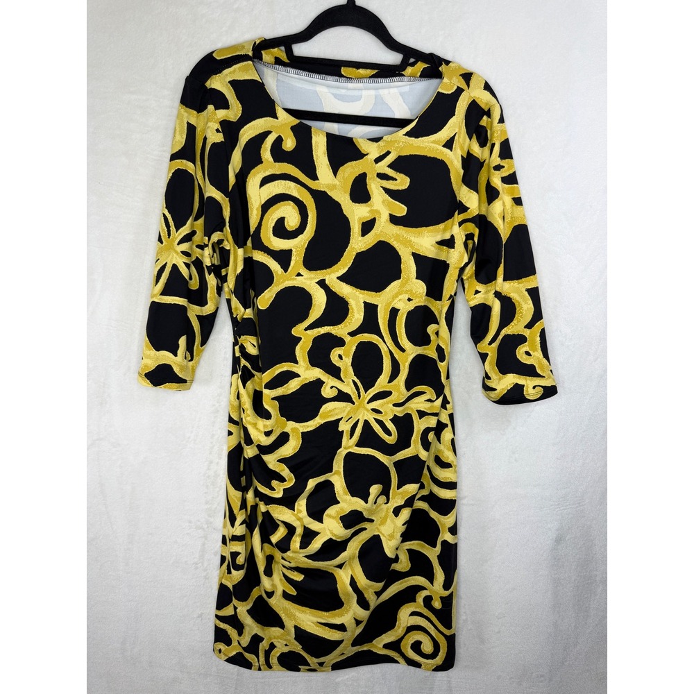 J.McLaughlin Catalina Cloth Dress XL Yellow Black Abstract Scroll Ruched Sheath‎